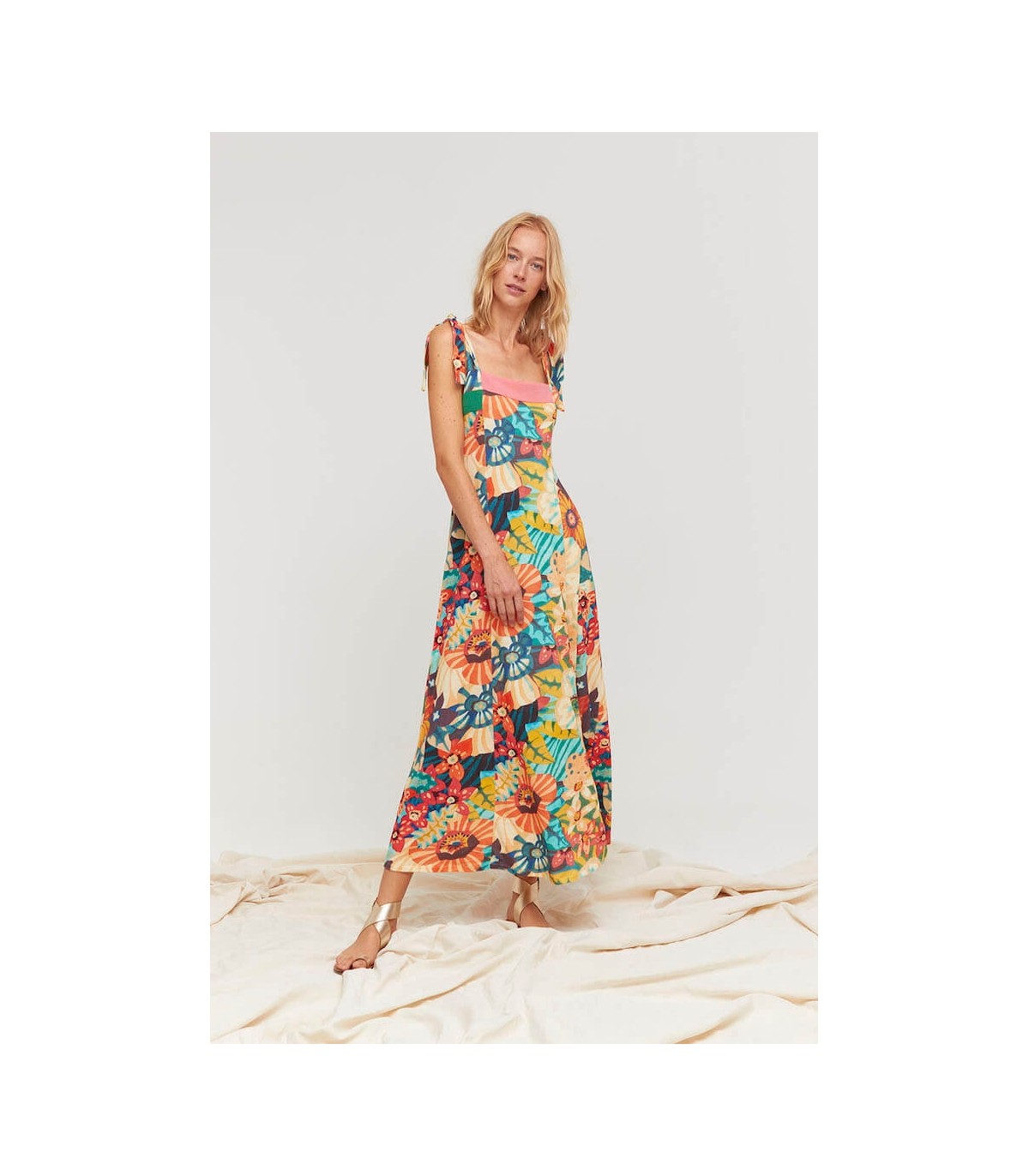 Vestido manga larga escote en V estampado floral multicolor para mujer