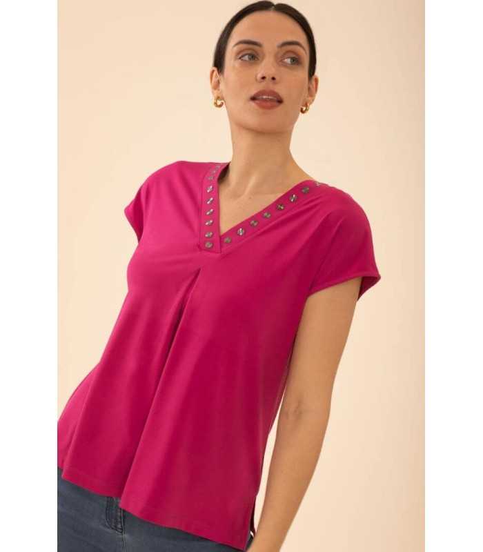 Camiseta Fucsia Tachas Anna Mora Mujer