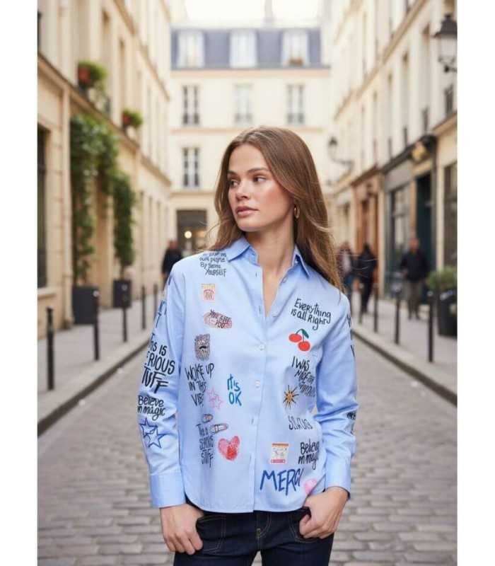 Camisa Azul Serigrafia Vilagallo Mujer