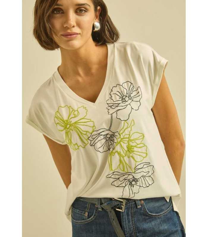 Camiseta Bordada Flores Maria Bellentani Mujer